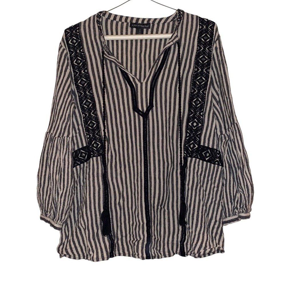 A Pea in the Pod Boho Striped Zip Front Top Embroidered Trim Size Small